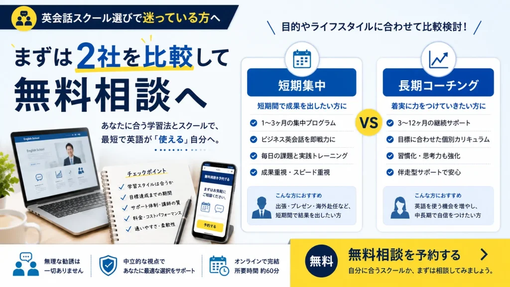 英会話スクールを2社比較して無料相談を予約する社会人向け画像