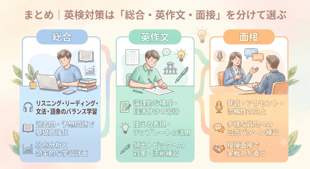 まとめ｜英検対策は「総合・英作文・面接」を分けて選ぶ