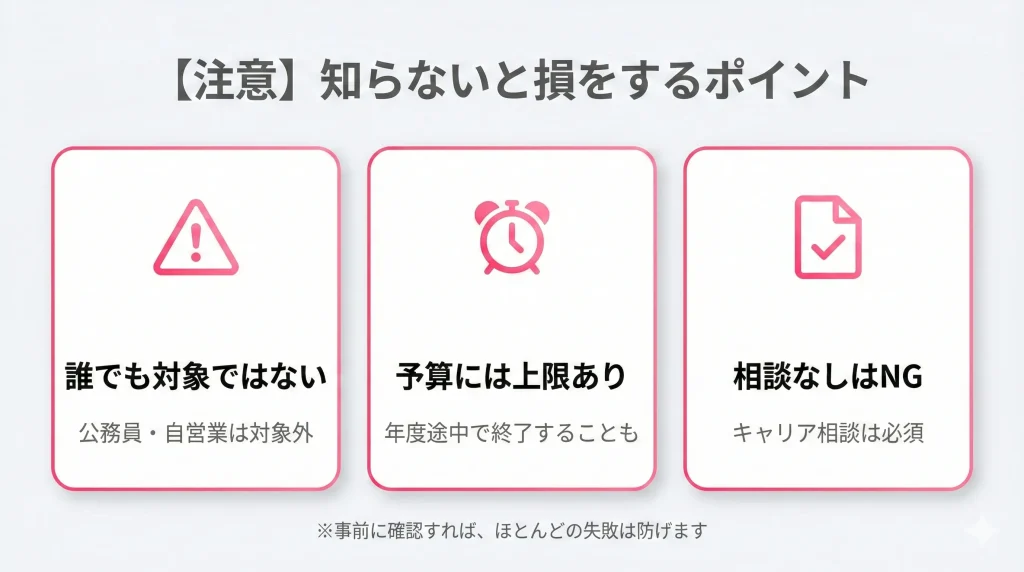 リスキリング補助金の注意点｜対象外条件・予算上限・必須手続き