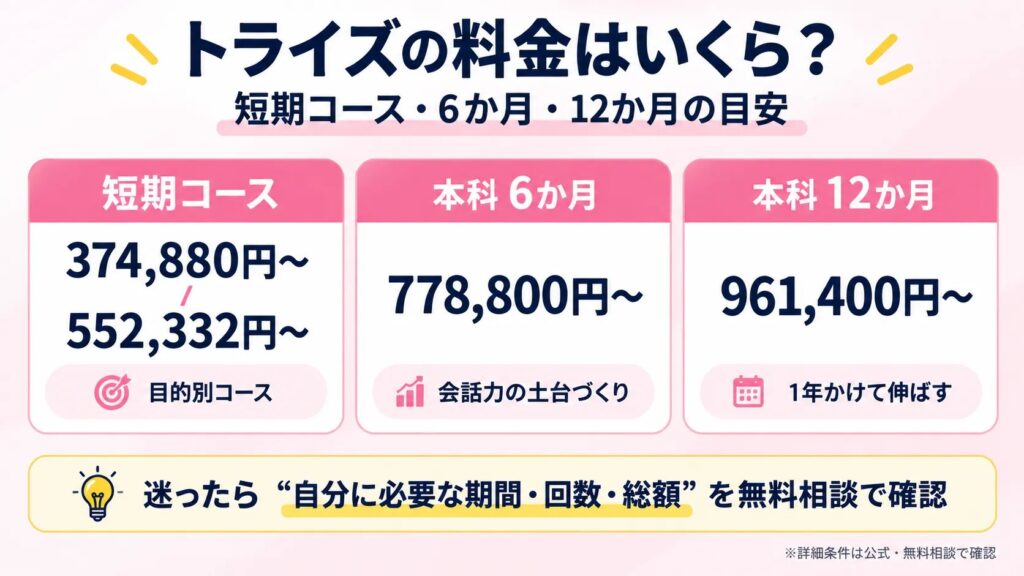 トライズの料金はいくら?短期コース・6か月・12か月の費用