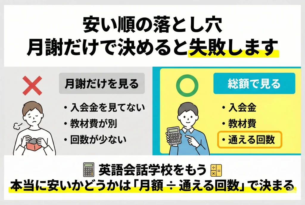 梅田の英会話教室を安い順で選ぶ際に月謝だけで判断すると失敗する理由の図解