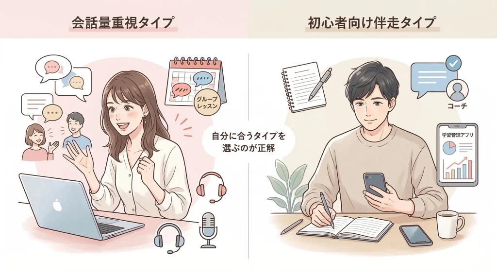 会話量重視タイプと、初心者向け伴走タイプの違いがわかる比較イメージ