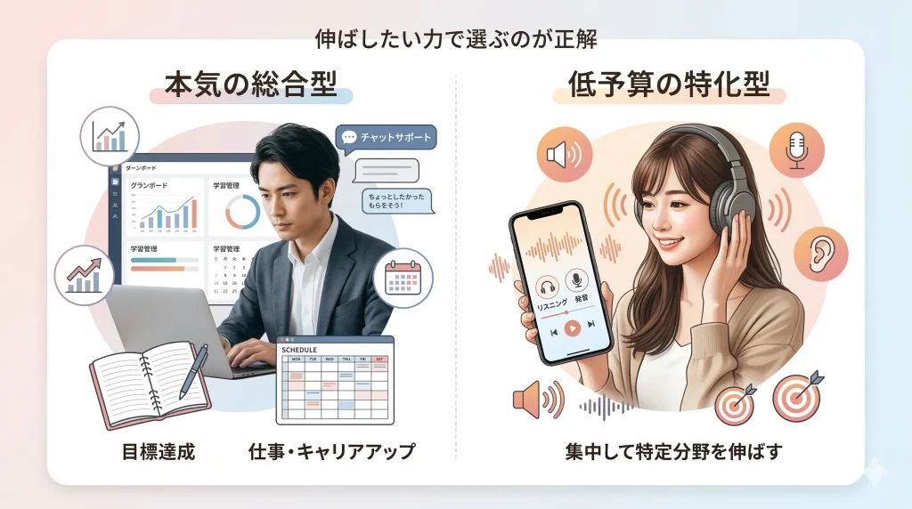 本気の総合型コーチングと、低予算の特化型コーチングの違いがわかる比較イメージ