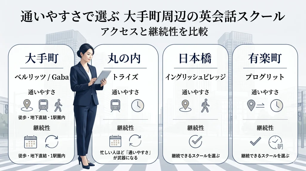 大手町大手町・丸の内・日本橋・有楽町で通いやすいスクールはどこ?アクセスと継続性を比較