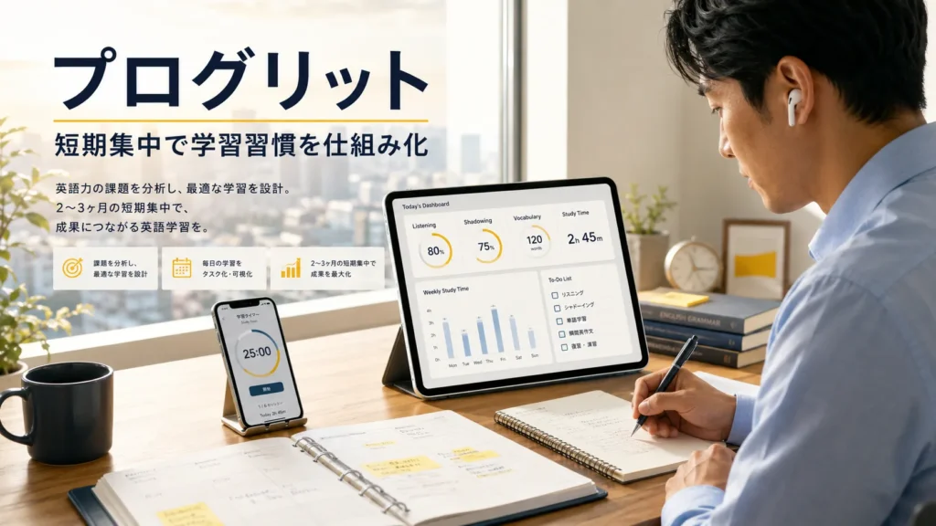 プログリットで短期集中の英語学習を習慣化する社会人のイメージ
