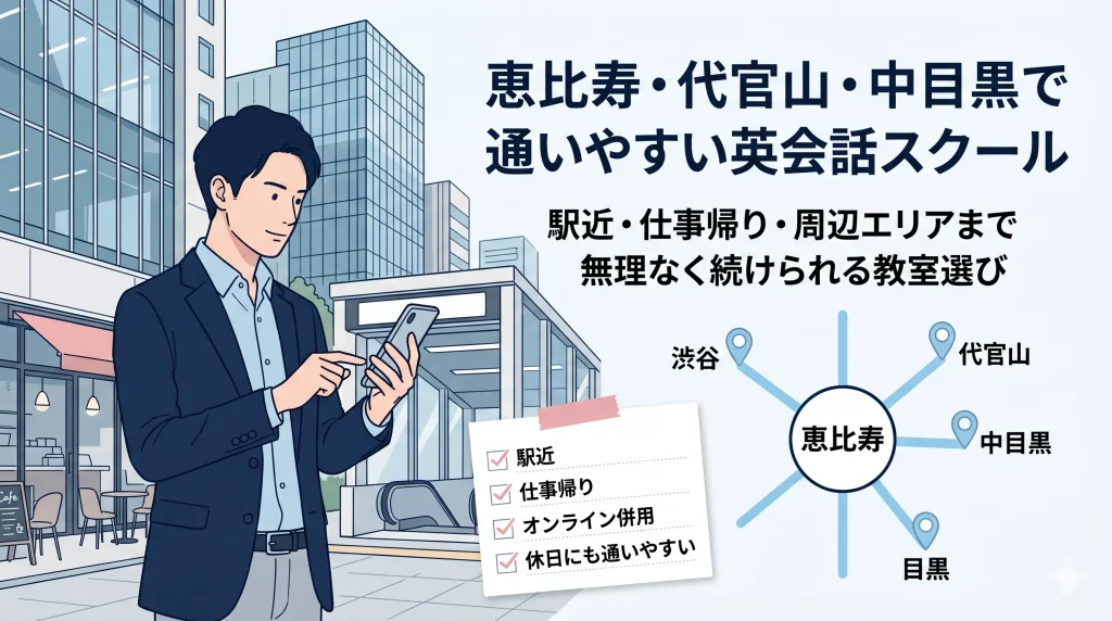 恵比寿・代官山・中目黒エリアで通いやすい英会話スクールを探すイメージ