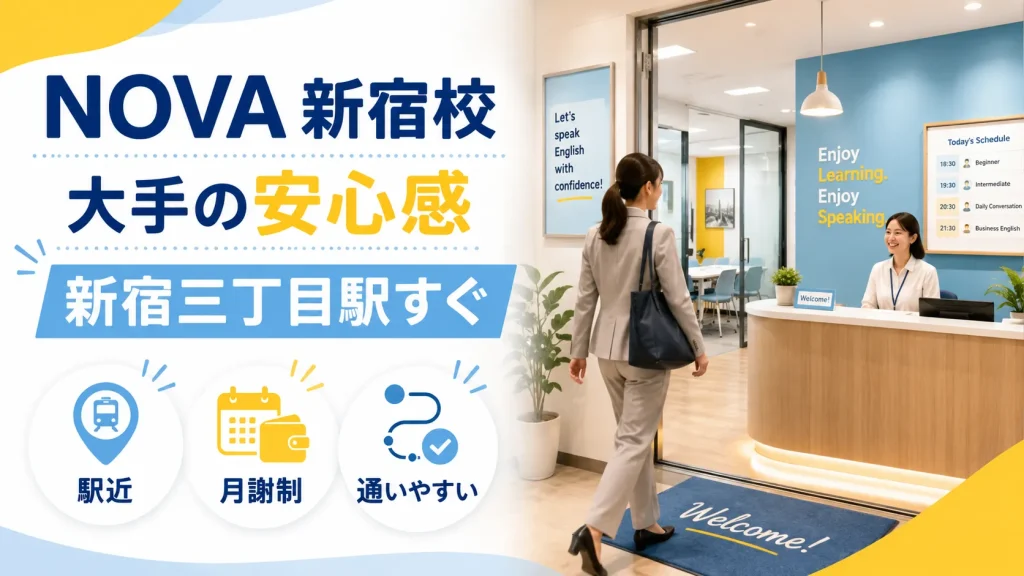 NOVA新宿校のような大手英会話スクールに通う社会人のイメージ