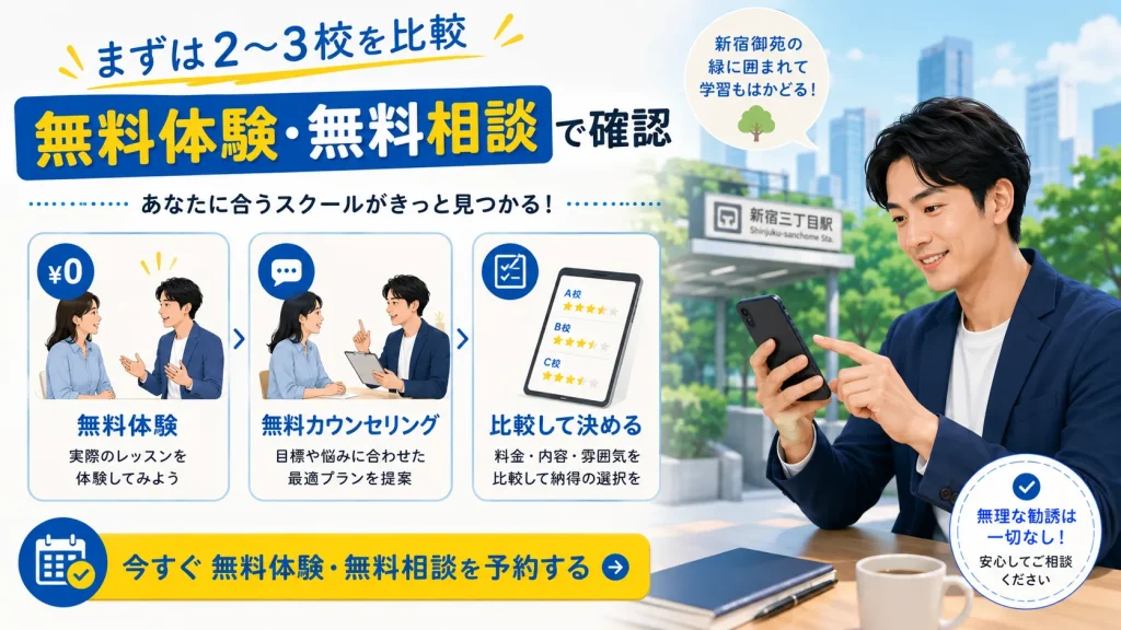 新宿御苑の英会話スクールを無料体験で比較する社会人