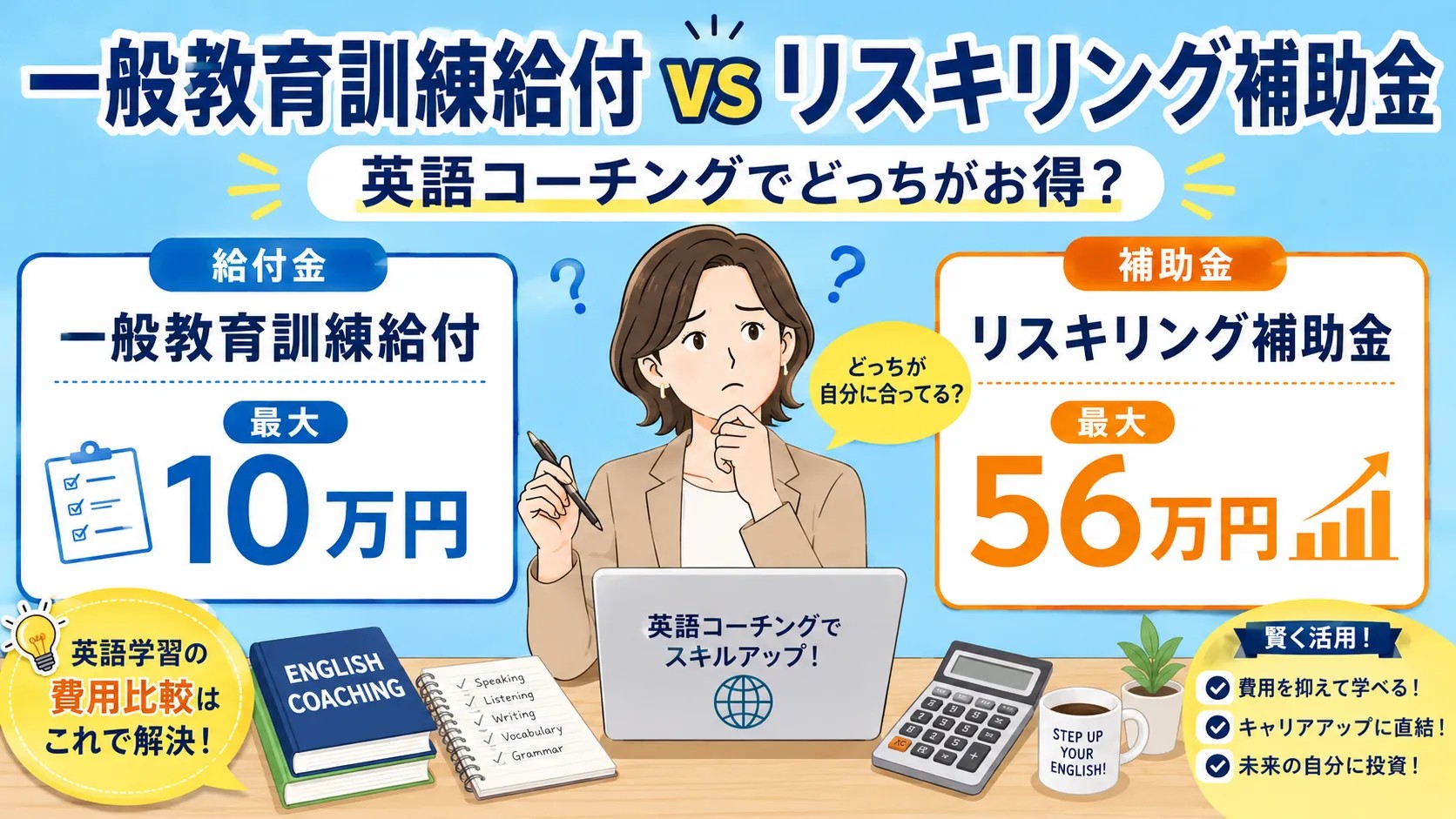 一般教育訓練給付とリスキリング補助金の違いを英語コーチング費用で比較する画像