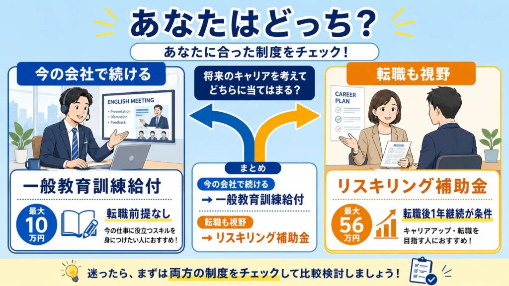 今の会社で続けるなら一般教育訓練給付、転職も視野ならリスキリング補助金を選ぶ診断図