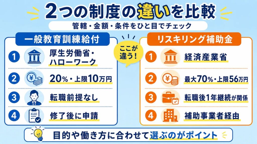 一般教育訓練給付とリスキリング補助金の管轄・金額・条件の違いを比較した図解
