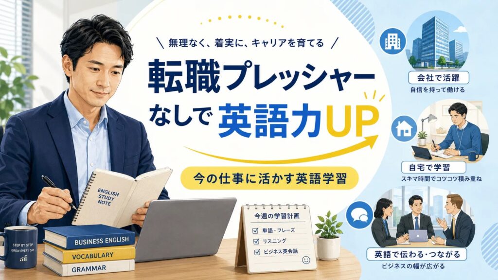一般教育訓練給付で転職プレッシャーなく英語学習に集中するビジネスパーソンの画像