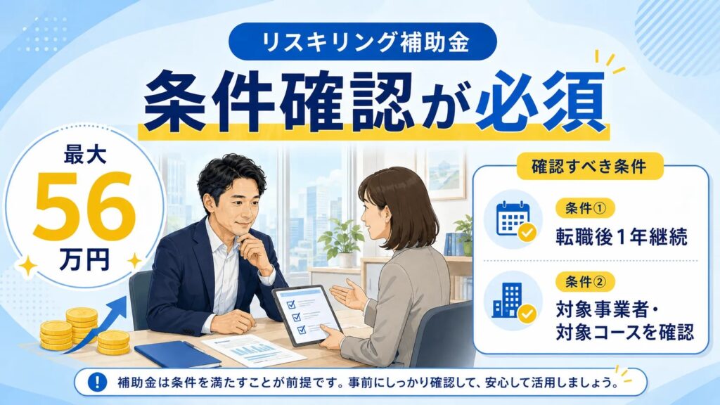 リスキリング補助金の最大56万円と転職後1年継続条件を説明する画像