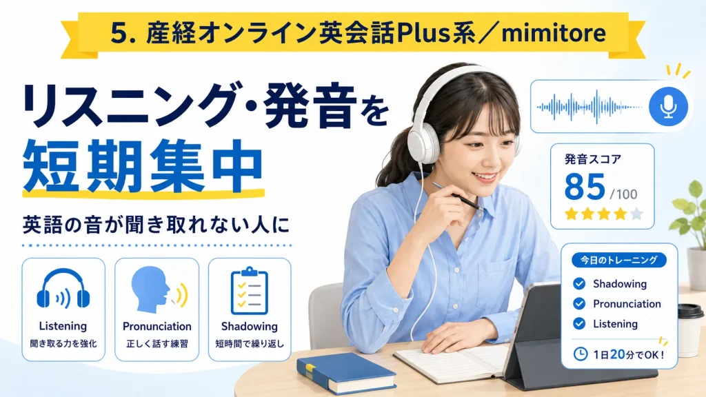 5. 産経オンライン英会話Plus パーソナル英語COACH+/mimitore|リスニング・発音を短期集中で鍛えたい人向け