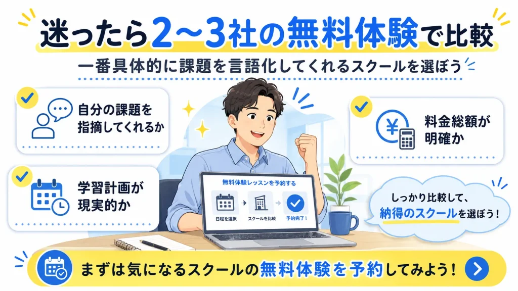 まとめ|安い英語コーチングは2〜3社の無料体験で比較しよう