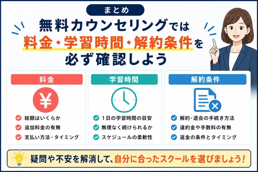 まとめ:無料カウンセリングでは料金・学習時間・解約条件を必ず確認しよう