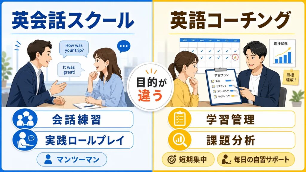 英語コーチングと英会話スクールの違いを会話練習と学習管理で比較する図解