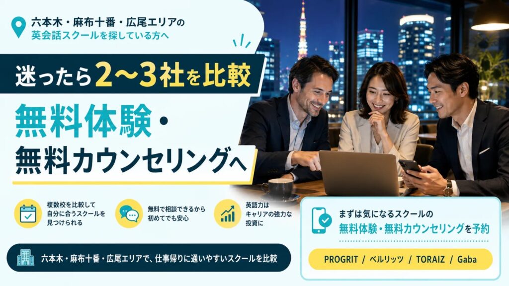 六本木周辺で英会話スクールの無料体験・無料カウンセリングを比較するビジネスパーソン