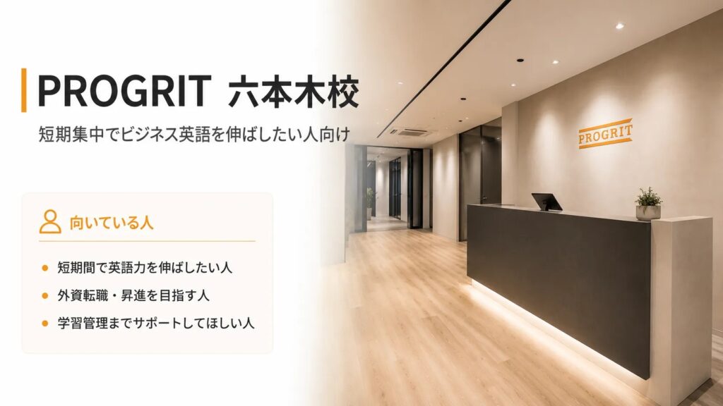 PROGRIT 六本木校｜短期集中でビジネス英語を伸ばしたい人向け