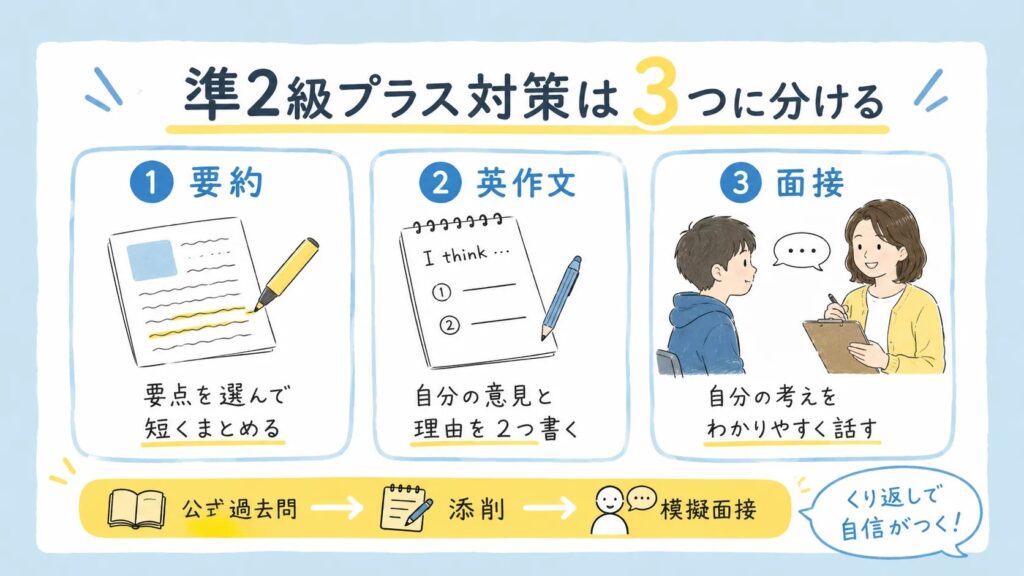 英検準2級プラスの要約・英作文・面接対策を3ステップで示した学習イラスト